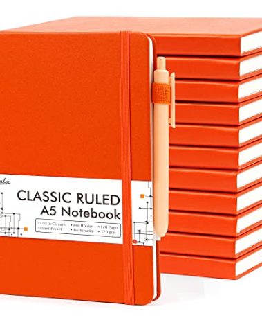 12 Pack Notebooks Journals Bulk with 12 Black Pens, Feela A5 Hardcover Notebook Classic Ruled Journal Set with Pen Holder for School Business Work Travel Writing, 120 GSM, 5.1”x8.3”, Orange