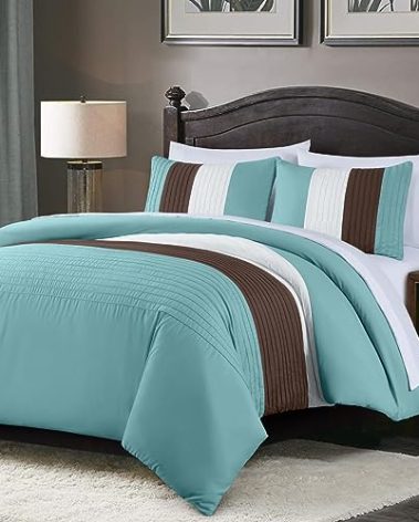 Chezmoi Collection Briar 7-Piece Queen Bed in a Bag - All Season Lightweight Microfiber Comforter Set - Includes Sheets & Shams - Blue/Brown/Beige Pleated Stripe Design