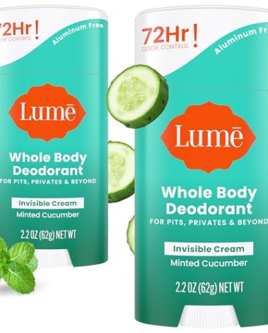 Lume Whole Body Deodorant - Invisible Cream Stick - 72 Hour Odor Control - Aluminum Free, Baking Soda Free, Skin Safe - 2.2 Ounce (Pack of 2) (Minted Cucumber)