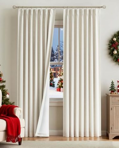 Vision Home Natural Pinch Pleated Full Blackout Curtains Linen Blended Room Darkening Window Curtains 102 inch for Living Room Bedroom Thermal Insulated Pinch Pleat Drapes with Hooks 40" Wx102 Lx2