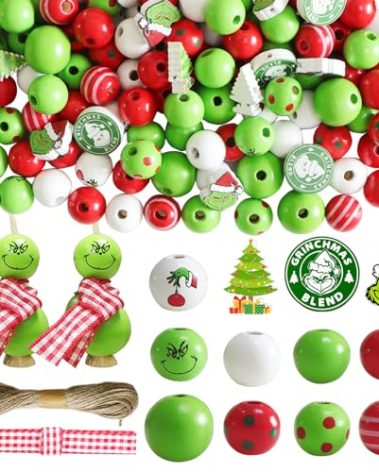 210Pcs Christmas Wooden Beads Set - 12 Styles with Red Green Cartoon Character Patterns for DIY Xmas Crafts and Decor