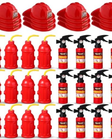 Liliful 36 Pcs Fireman Birthday Party Supplies Including 12 Firefighter Helmet 12 Fire Hydrant Cups with Lids 12 Fire Extinguisher Squirt Toys for Fire Theme Party Supplies