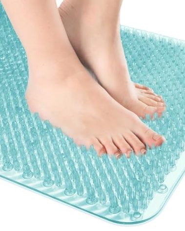OTHWAY Non Slip Grassy Bathtub Mat : 25.6X13.4 inches Sturdy But Soft Bath Mat_Quick Drain Shower Floor Mat with Soft Bristles for Scrubbing Feet (Light Blue)