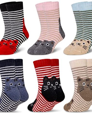 Eocom 6 Pairs Children's Winter Warm Wool Animal Crew Socks Kids Boys Girls Socks(1-3 Years,Cat)
