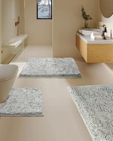 BOANKODU Bathroom Rugs Sets 3 Piece, Super Soft Absorbent Bath mat Set,with U-Shaped Toilet Rug,Strong PVC Underside Bathroom Rug,Antiskid Bath mats Washable Toilet mat, Light Gray