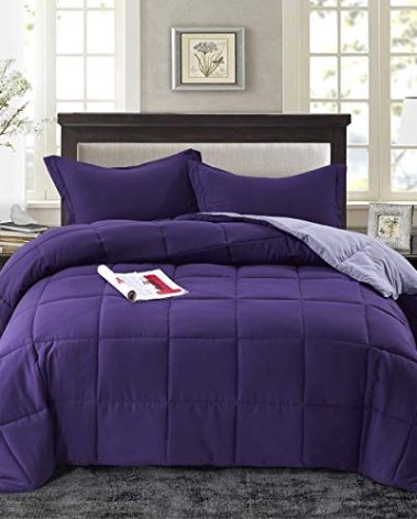 HIG 3pc Down Alternative Comforter Set - All Season Reversible Comforter with Sham - Quilted Duvet Insert with Corner Tabs - Box Stitched - Super Soft, Fluffy (Twin/Twin XL, Purple)