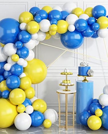 124PCS Blue Yellow White Balloon Garland Arch Kit, 18 12 5 inch Matte Blue White Yellow Balloons Garland Kit, Decoration Balloons for Birthday Baby Shower Wedding Anniversary Picnic Festival Party