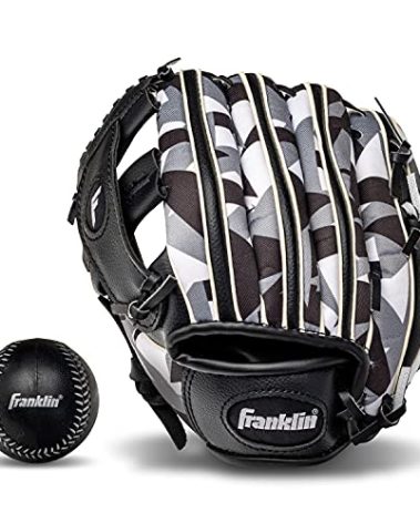 Franklin Sports RTP Teeball Performance Gloves & Ball Combo, 9.5", Left Hand Throw, Black/White