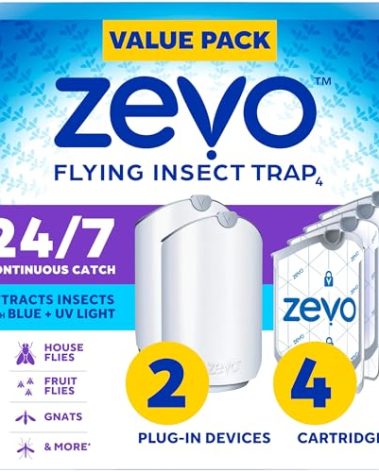 Zevo 2 Flying Insect Traps & 4 Refill Cartridges - Plug in Fly Trap & Indoor Bug Catcher for Gnats, House & Fruit Flies - Blue & UV Light Technology, Mess-Free Alternative to Bug Zapper