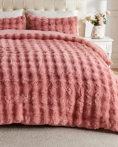 Lotus Karen Fluffy Comforter Cover Set-Rabbit Fluff Faux Fur Duvet Cover Full Size,Old Pink Plush Fuzzy Furry Bedding Sets 3Pieces(1 Duvet Cover & 2 Pillow Shams),Zipper Closure