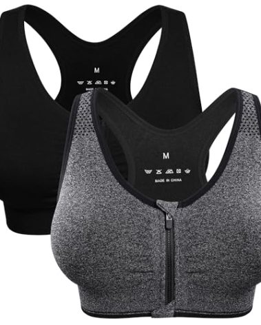 Women's Zip Front Sports Bra - Wireless, Padded, Post-Surgery, Racerback, Workout & Yoga Bra Top 2 Pack