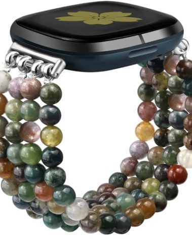 Newlibery Natural Stone Beaded Bracelet Watch Band Women for Fitbit Versa 4/Versa 3/Sense 2/Sense Bands Feminine Cute Handmade Boho Elastic Stretch Strap Replacement Agate Healing Stones Wristband