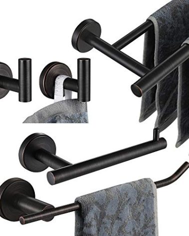 JQK Bathroom Hardware Set Oil Rubbed Bronze, 5-Piece Bath Accessories Set Wall Mount Includes 24 in Towel Bar, 9 in HT Bar, TP Holder, Towel Hook x 2, BAS105-ORB