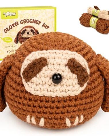 Yeezhee Crochet Kit for Beginners – Complete Amigurumi Animal Starter Set with Step-by-Step Video Tutorials, Yarn & Crochet Hook – Easy DIY Plushie Gift for Adults (Sloth)
