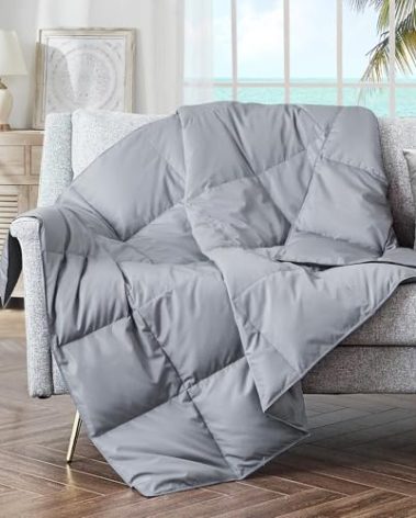 puredown® Soft Feather Down Throw Blanket Lightweight Packable Couch Throw for Indoor and Outdoor Use, Throw 50"X70", Sliver Gray