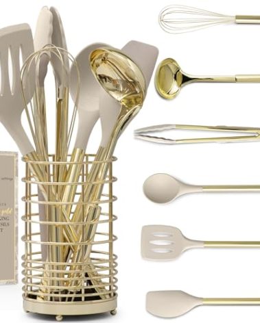 7-Piece Beige & Gold Kitchen Utensils Set – Non-Toxic Silicone & Stainless Steel Tools for Cooking, Serving, & Hosting – Ideal for Nonstick Cookware & Modern Kitchens, with Gold Utensil Holder