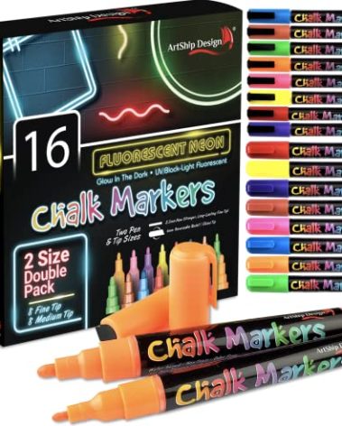 16 UV Fluorescent Neon Chalk Markers - Double Pack of Both Fine & Reversible Medium Tip Liquid Chalk Pens Wet Erasable Menu Boards, Glass, Whiteboards, Mirrors, Non-Porous Chalkboards, Plastic, Metal