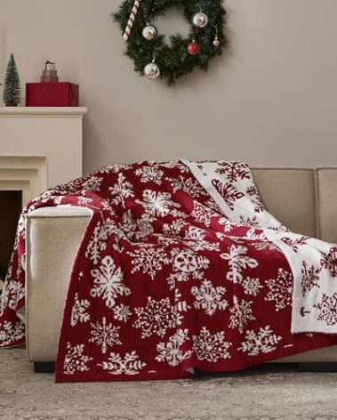 WDCOZY Christmas Throw Blanket Snowflake Reversible Super Soft Knitted Blankets Couch Bed Sofa Microfiber Home Decor Warm Cozy Comfy Lightweight Cute Knit Blanket Winter 50x60 Red White