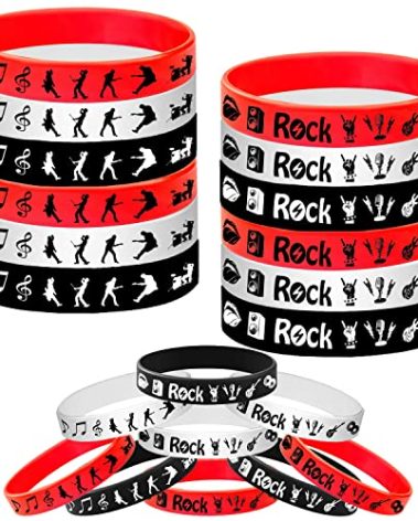 ATSMOICY 24PCS Rock and Roll Rubber Bracelets Silicone Wristbands -80s 90s Party Supplies Musician Guitar Rap Birthday Baby Shower Party Favors