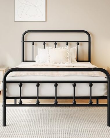 zunatu Twin Size Metal Platform Bed Frame/Victorian Style Headboard and Footboard/Steel Slat Support/Easy Assembly/No Box Spring Needed/Underbed Storage/Noise Free/Black