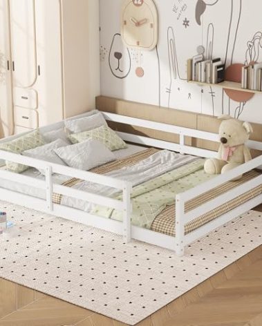 KEIKI Full Size Floor Bed with Fence, Kids Montessori Bed Full Size, Wood Floor Bed for Kids Boys Girls, White