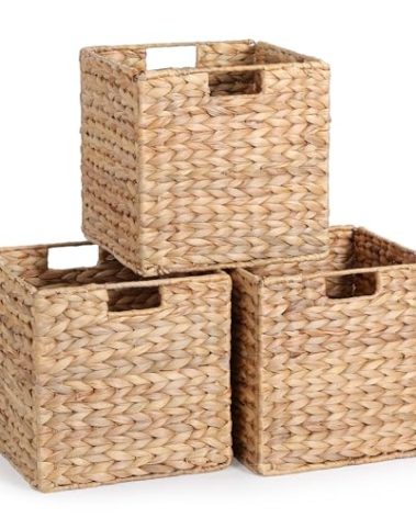 12 x 12 x 12in Water Hyacinth Storage Baskets, Wicker Storage Baskets for Shelves, Foldable Square Bins for IKEA Kallax Set of 3, Large Cubby Rattan Basket, Wicker Basket for Organizing