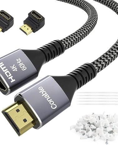 4K HDMI Extension Cable 25 Feet, HDMI 2.0 Braided Extender Male to Female Cord, Pure Copper 3D 4K@60Hz 2160p 1080p HDR HDCP 2.2 ARC (with 25 Ties, 25 U Nails, 2 HDMI Adapters)- 25FT