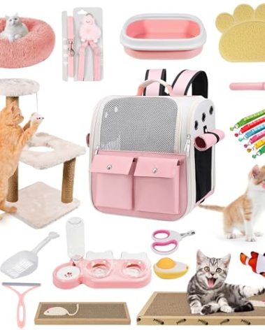 Kitten Starter Supplies Starter Kit, 20 pcs of Cat Essentials and Stuff, Including Cat Bed, Carrier, Litter Mat, Litter Box, Collar, Bowls,and Others, Perfect Choice for New Cat Owner - Pink