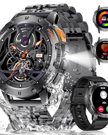 ESFOE Smart Watch for Men(3 Straps),1,43'' AMOLED Military Smart Watch for Men with LED Flashlight/530mAh Large Battery/5ATM Waterproof,Fitness Tracker Smartwatch with Answer/Make Call