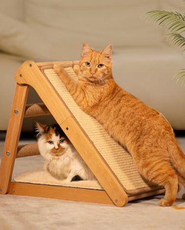 CHEERHOME PETS Sisal Cat Scratcher Ramp with Cushion, 20" x 14.1" Large Foldable Scratch Board Cats Scratching Post, Wooden Cat Furniture