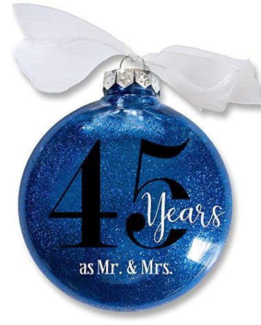 45th Wedding Anniversary Christmas Ornament, 45 Years as Mr & Mrs, Gift for Married Couple, Sapphire Anniversary Keepsake, Traditional Glitter Bauble with White Organza Bow (45th Anniversary)