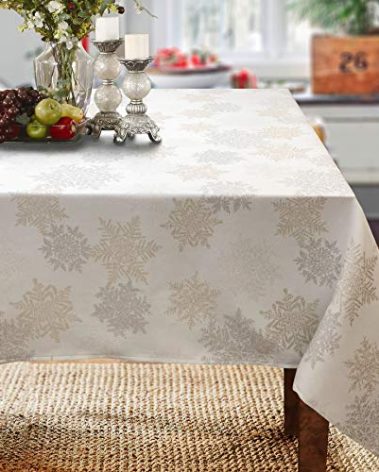 CAIT CHAPMAN HOME COLLECTION Holiday Silver Gold Snowflakes Metallic Jacquard Woven Tablecloth (70"x144" Tablecloth)