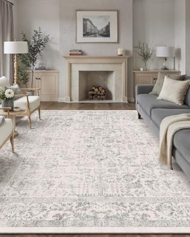 PureCozy Gray Area Rug 8x10 Machine Washable Large Vintage Living Room Distressed Non Slip Carpet Traditional Indoor Bedroom Grey Retro Floral Accent Throw Rug for Office Kitchen Dining Room