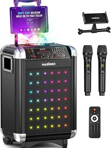 MASINGO Karaoke Machine for Adults and Kids with 2 Bluetooth Wireless Microphones. Portable Singing PA Speaker System with Disco Ball Lights, Lyrics Display Tablet Holder & TV Cable. Soprano X1 2.0