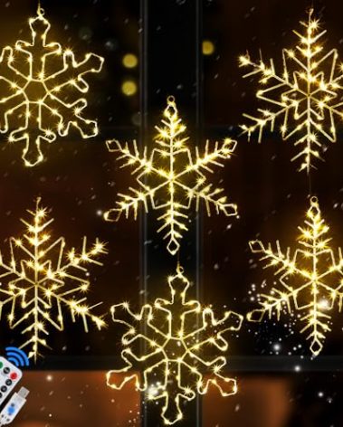 Glooglitter 6 Pack 13 in Christmas Snowflake Window Lights Decorations Warm White Hanging Snowflakes Silhouette Light with Remote Control Timer USB Powered Lighted Window Decoration for Home Xmas Tree