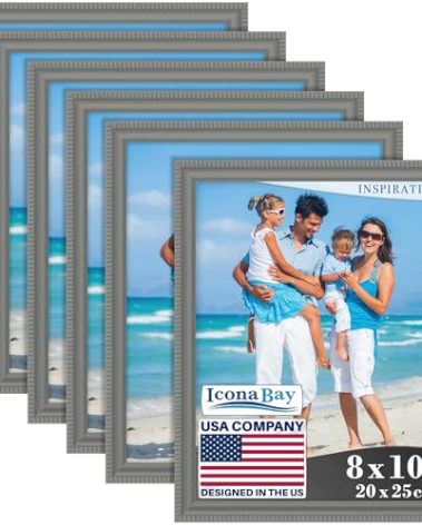Icona Bay 8x10 Picture Frames (Gray, 6 Pack), Beautifully Detailed Molding, Contemporary Picture Frame Set, Wall Mount or Table Top, Inspirations Collection
