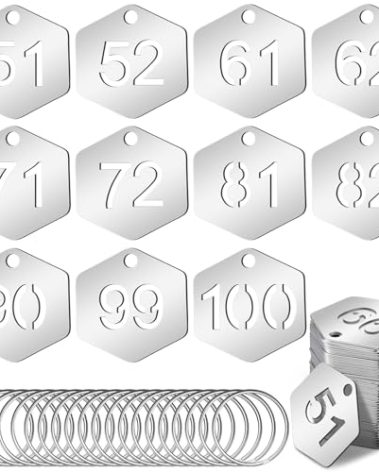 Yaocom 50 Pcs Hollowed Stainless Steel Number Tags Metal Numbered Key Number Labels Coat Check ID Tags with Key Rings Chain for Backpack Hooks Dormitory Keys House Lockers