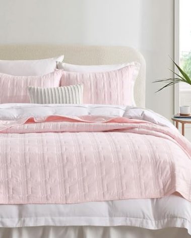 HORIMOTE HOME 100% Cotton Quilt Set Queen Size, Light Pink Pre-Washed 3-Piece Bedspread Coverlet Set, Cozy Lightweight Stitching Bedding Cover with 2 Shams in Geometric Pattern for All Season