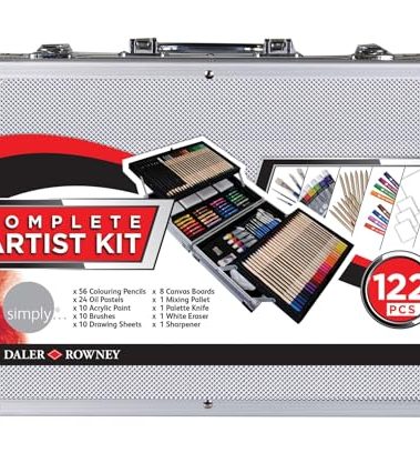 Daler Rowney Simply Complete Art Set - 122-Piece Artist Kit for Painting & Drawing with Acrylic Paint, Oil Pastels, Coloring Pencils, Brushes, Canvas Boards, and More