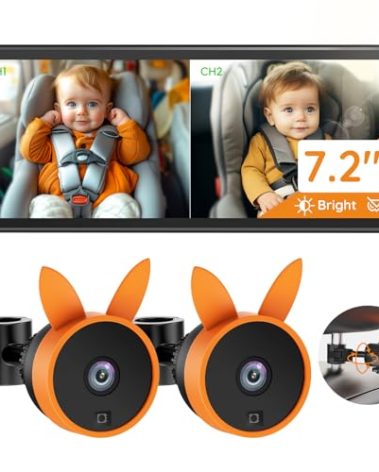 Babyvue BV3 PRO Dual Baby Car Camera – See 2 Kids Clearly with 7.2" HD Screen, 1080P Night Vision, 3-Level Brightness, Rear-Facing Monitor for SUV/Truck