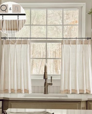 LIMON HOME Beige Linen Kitchen Curtains 26 inch Length Pinch Pleat Cafe Curtains