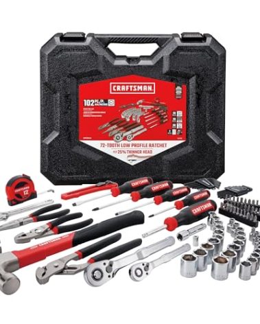 CRAFTSMAN 102-Piece Tool Kit for Home and Car, Durable Hand Tools Set with SAE and Metric Socket Set, Screwdrivers, Wrench, Hammer, Pliers, Knife, Hex Keys, Specialty Bits, Tape Measure (CMMT99449)