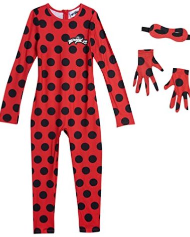 Miraculous Ladybug Toddler Girls Cosplay Jumpsuit Gloves and Mask 3 Piece Costume Set Polka Dots Red 3T