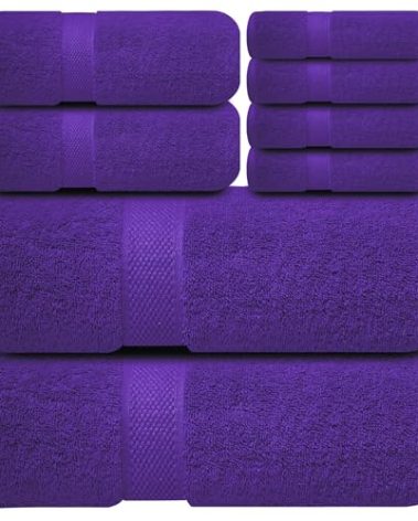 Infinitee Xclusives Luxury 100% Cotton Towel Set – 8 Piece Bathroom Towel Set (2 Bath Towels, 2 Hand Towels, 4 Washcloths) – Soft & Absorbent Towels for Bathroom (Profound Purple)