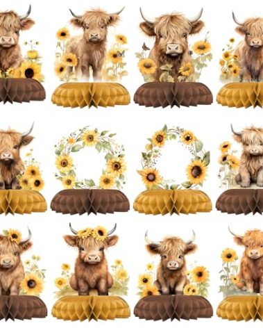 Highland Cow Baby Shower Table Centerpieces – 12PCS Sunflower Farm Animal Decorations for Rustic Baby Shower or Birthday Party, Country Barn Cow Theme Table Decor