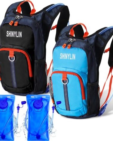 Shinylin 2 Pcs Kids Hydration Backpack with 1.5l Water Bladder Lightweight Kids Hiking Backpack Water Rucksack for Boys Girls Climbing Running(Blue, Black)