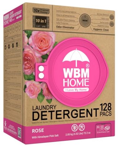 WBM 10-in-1 Laundry Pods, Total 128 Count, High Efficiency, Ultra Concentrate with Powerful Stain Lifter Technology, Fabric Softener With Rose Extracts, Detergent Pods