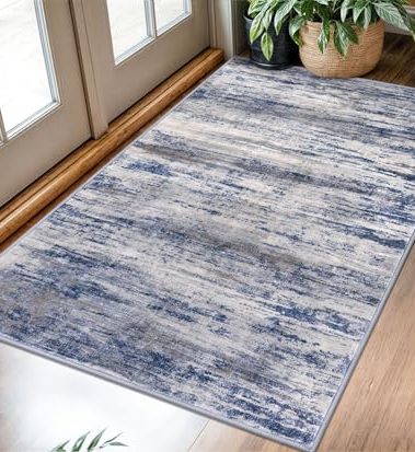 KOZYFLY Abstract Modern Washable 3x5 Area Rug Non-Slip Kitchen & Entryway Rug, Grey Blue Throw Rugs Indoor Mat for High-Traffic Door Entrance, Laundry, Nursery, Soft Bedroom Living Room Accent