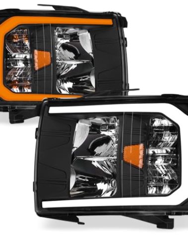 Topline_autopart Switchback Sequential LED Strip Tube Bar Black Housing Crystal Headlights Signal Lamps Amber Reflector nb Compatible With 07-13 Chevy Silverado 1500/07-14 2500 3500 HD