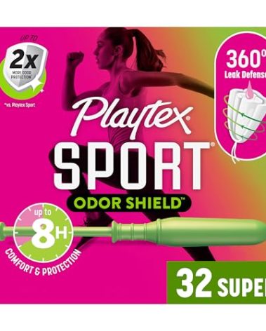 Playtex Sport Odor Shield Tampons Super Absorbency, Unscented - 32ct | Super Tampons for Women, Feminine Care, Playtex Tampon with 360 Leak Defense and Odor Control